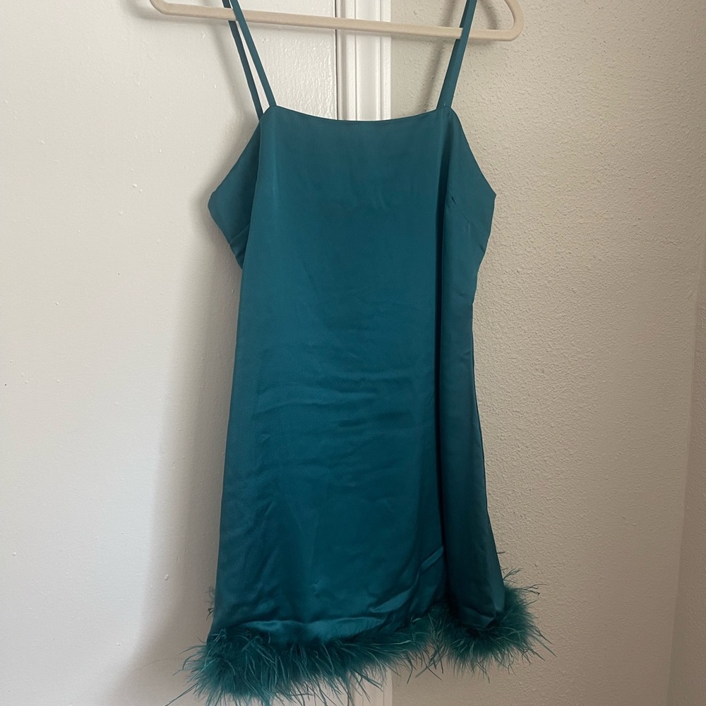 Teal Slip Dress with Feather Trim